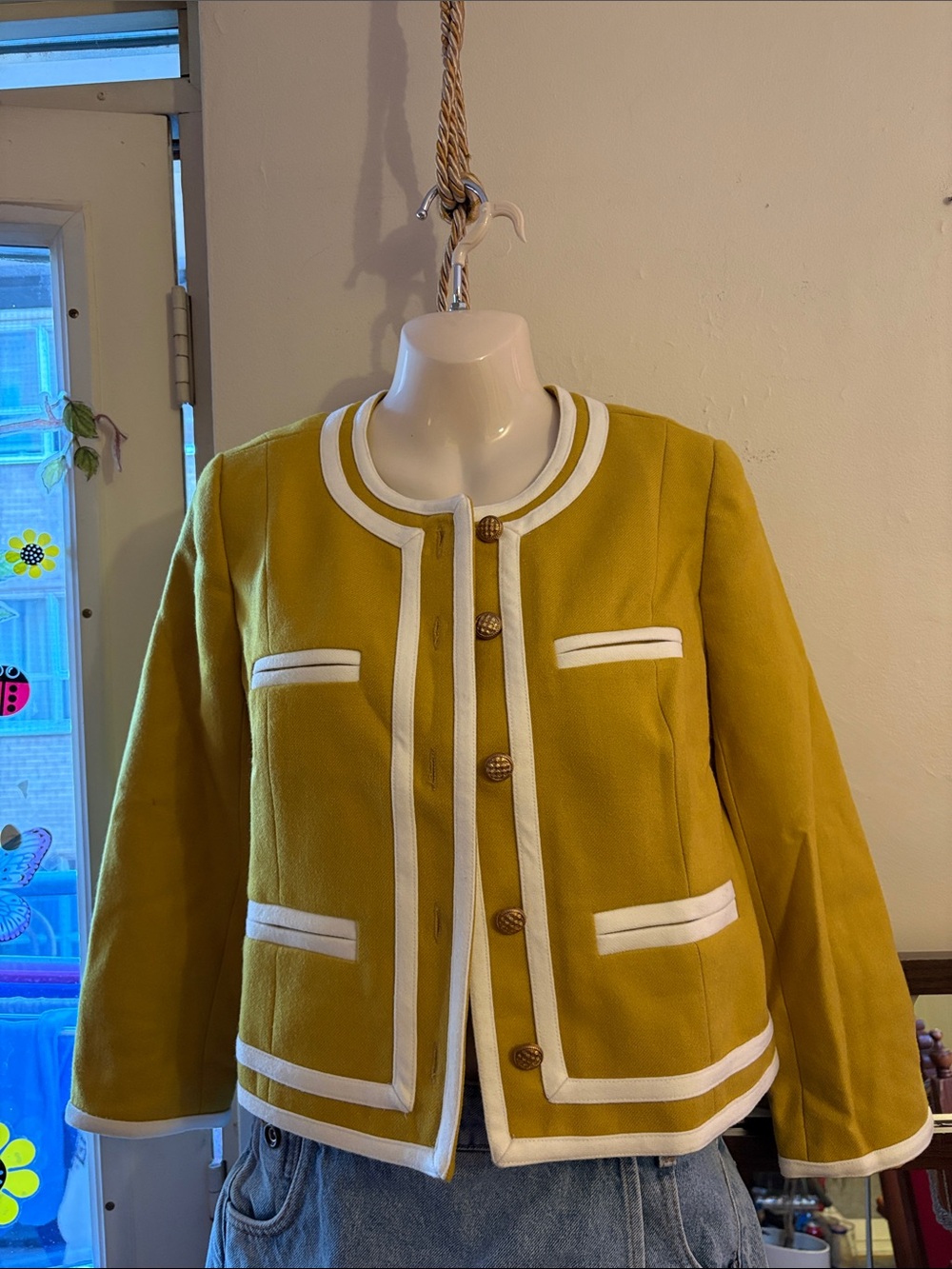 J. Crew Mustard Yellow Cropped Blazer with White Trim. 100. Wool